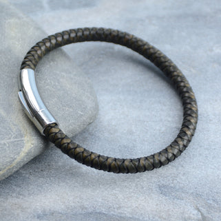 Men's Easy Clasp Leather Plait Bracelet shown close up - antiqued brown