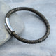 Men's Easy Clasp Leather Plait Bracelet shown close up - antiqued brown