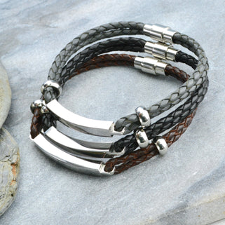 Personalised Men's Leather Slim Bar Bracelet shown in brown leather close up showing colour choices.
