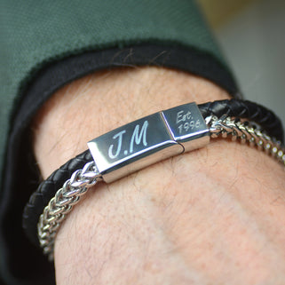 Men's Personalised Black Leather And Chain Bracelet