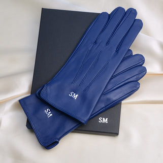 Monogram leather gloves- navy with monogram box