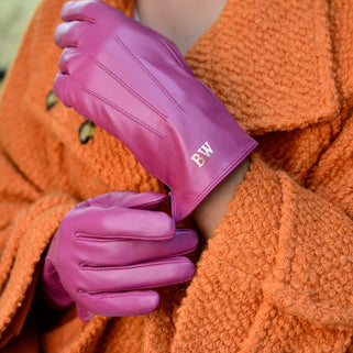 Monogram leather gloves- fuchsia
