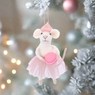 Plush mouse toy in a ballet outfit with a pink tutu and ballet shoes on a white background