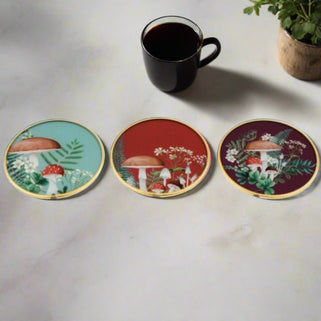 Mushroom Glass Coaster in three colours, aqua, red and brown