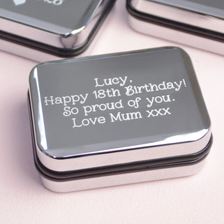 Personalised Engraved Chrome Necklace Box with custom engraving shown in modern curl font.