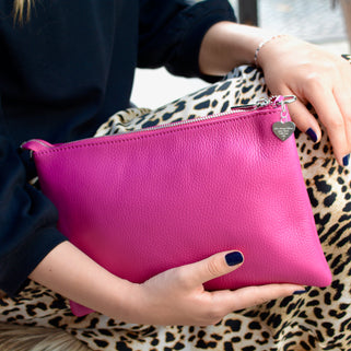 Personalised Large Leather Clutch or Crossbody Bag shown in fuchsia