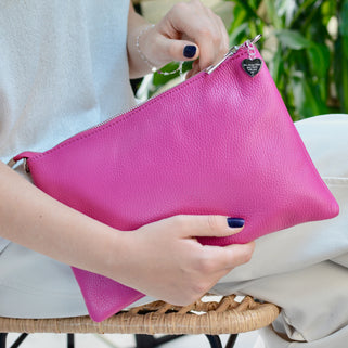 Personalised Large Leather Clutch or Crossbody Bag shown in fuchsia