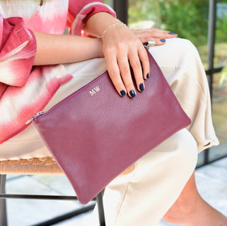 Personalised Monogram Large Leather Clutch Bag shown in burgundy