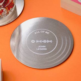 Personalised Wedding Music Spotify Code Coaster shown with example of "All of me" song by John Legend