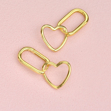 Gold Heart Shape Drop Hoop Earrings shown close up