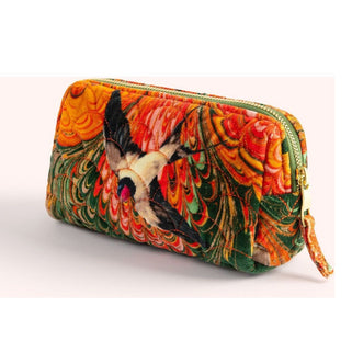 Colorful pouch with a parrot design on a white background