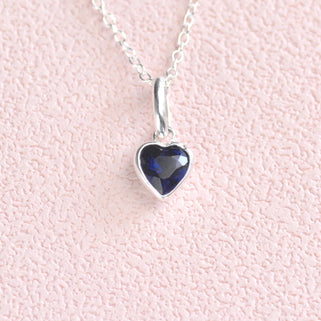 September Heart Birthstone Necklace - Sapphire, Sterling Silver