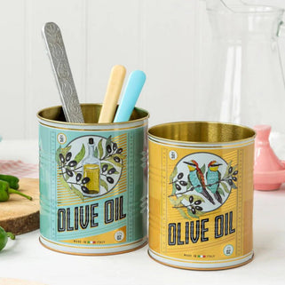 Set of 2 olive oil design rustic storage tins, shown in kitchen setting storing utensils. 