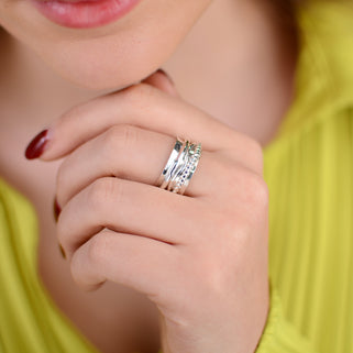 Sterling Silver Triple Band Spinning Ring shown on close up shot on model