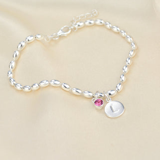 Personalised Sterling Silver Initial and Birthstone Seed Bracelet