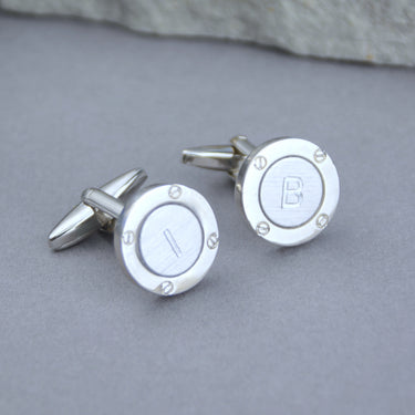 Silver porthole cufflinks with initial 