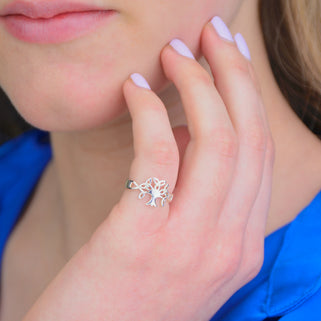 Silver Tree of Life Ring shown close up on model