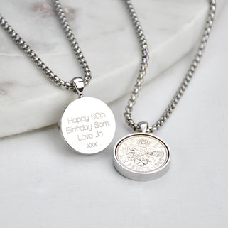 Men's Personalised 1965 Sixpence Necklace on 18 inch box chain, shown with engraved message in straight walk font on the back of pendant.