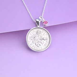 Personalised 1965 Sixpence and Birthstone Necklace