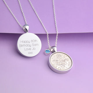 Personalised 1965 Sixpence and Birthstone Necklace