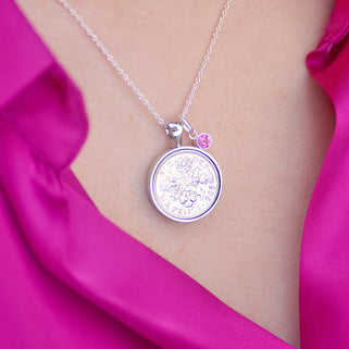 Personalised 1965 Sixpence and Birthstone Necklace