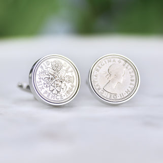 Luxury 60th Birthday 1964 Sixpence Cufflinks shown in close up shot