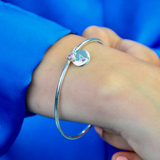 Sterling Silver Initial Birthstone bangle with June /Alexandrite charm and letter A on circle charm