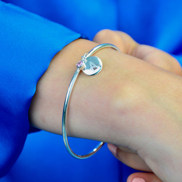 Sterling Silver Initial Birthstone bangle with June /Alexandrite charm and letter A on circle charm
