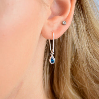 Sterling Silver Teardrop Birthstone Drop Earrings shown close up on model with December birthstone