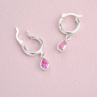 Sterling Silver Teardrop Birthstone Huggie Hoop Earrings with hinged detailing and October birthstone