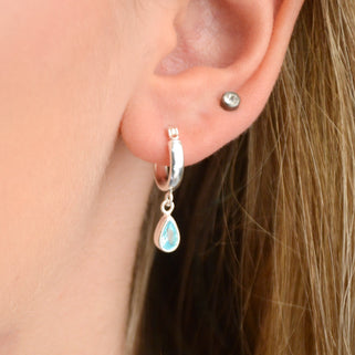 Sterling Silver Teardrop Birthstone Huggie Hoop Earrings with March/Aquamarine birthstone
