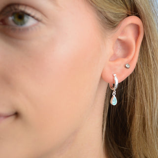 Sterling Silver Teardrop Birthstone Huggie Hoop Earrings with March/Aquamarine birthstone
