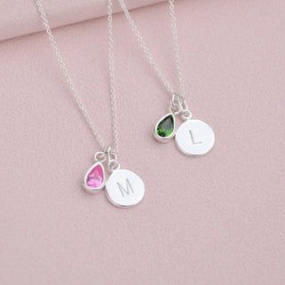 Personalised Silver Initial Teardrop Birthstone Necklace showing October and May birthstones