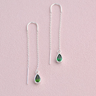 Sterling Silver Teardrop Birthstone Threader Earrings shown close up with May/Emerald birthstone