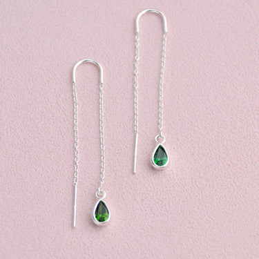 Sterling Silver Teardrop Birthstone Threader Earrings shown close up with May/Emerald birthstone