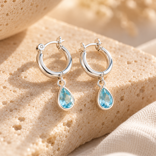 Sterling Silver Teardrop Birthstone Huggie Hoop Earring