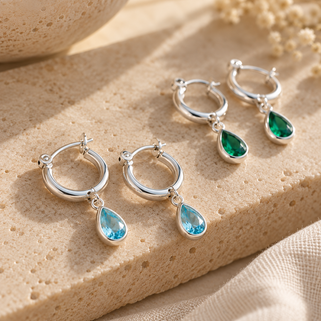 Sterling Silver Teardrop Birthstone Huggie Hoop Earring