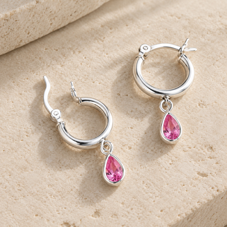 Sterling Silver Teardrop Birthstone Huggie Hoop Earring