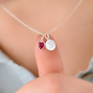 Valentines Heart Birthstone and Initial Necklace in Sterling Silver