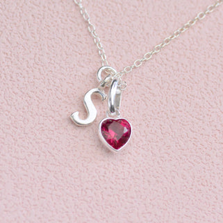 Valentines Heart Birthstone and Script Initial Necklace in Sterling Silver