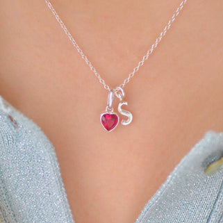 Valentines Heart Birthstone and Script Initial Necklace in Sterling Silver