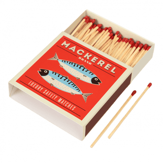 open box of long red tip matches in an open box with two mackerel design
