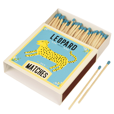 box of oversize long matches with blue tips in a leopard design box