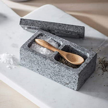 granite salt and pepper pinch pot with bamboo spoon and lid