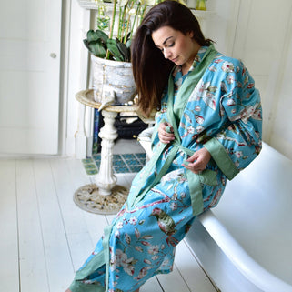 French Country: Mid Length Dressing Gown. Cotton. 'Winter Blooms' -