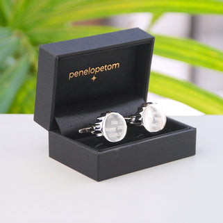 Bottle Top Cufflinks with "Dan Happy 18th 01.05.20" on the left and "Love The Toms Family" Engraved on the right cufflink in black penelopetom cufflinks box
