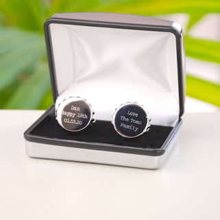 Bottle Top Cufflinks with "Dan Happy 18th 01.05.20" on the left and "Love The Toms Family" Engraved on the right cufflink in silver chrome  penelopetom cufflinks box