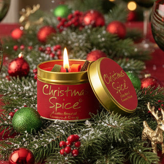 Christmas spice tinned candle in red and gold packaging