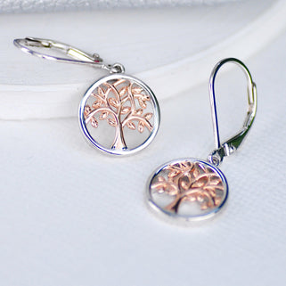 Sterling Silver and Rose Gold Vermeil Tree of Life Drop Earrings