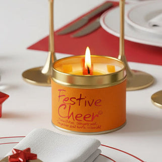 festive cheer scented candle in round tin with lid